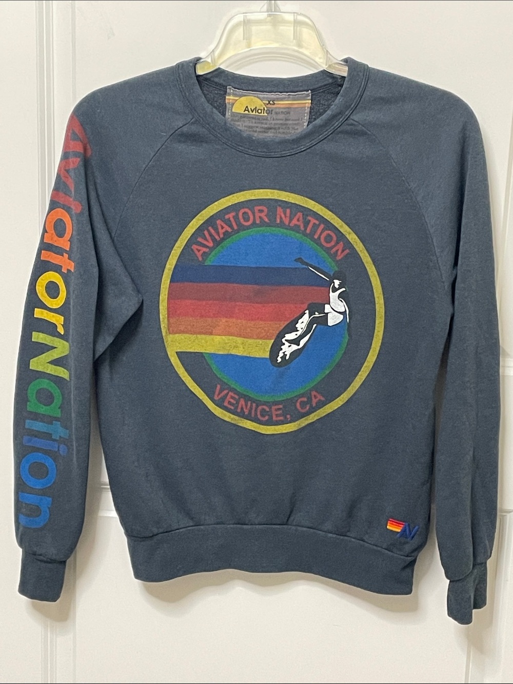 Aviator Nation Navy Blue Sweatshirt with Multicolor Logo XS Comfort Loungewear